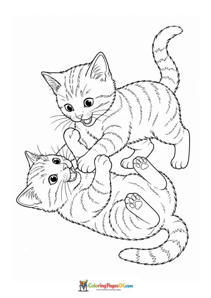 Two kittens play wrestling – printable black and white coloring page