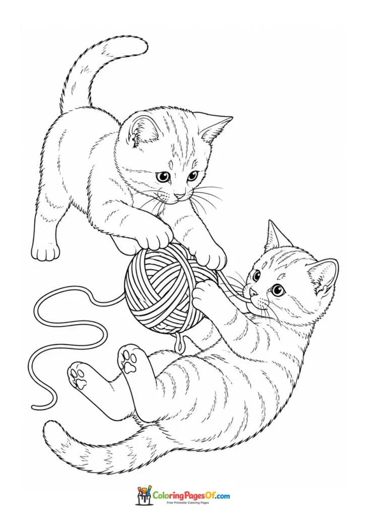 Two kittens playing with yarn – printable black and white coloring page