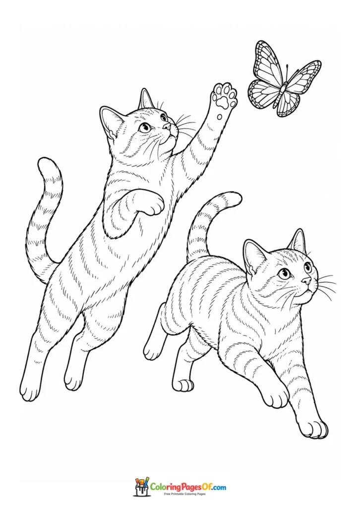 Two playful cats with a butterfly – printable black and white coloring page