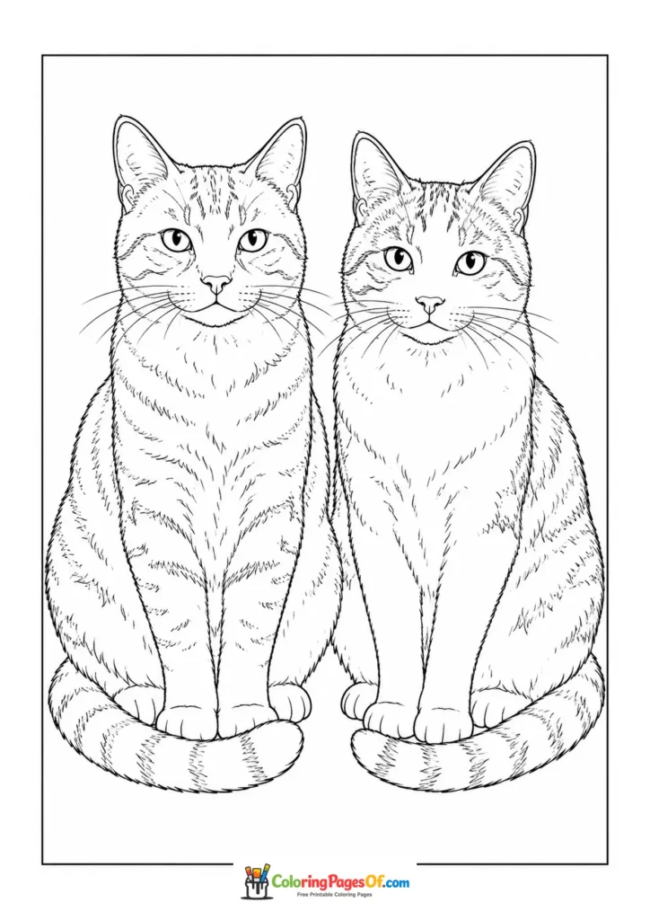 Two sitting cats side by side – printable black and white coloring page