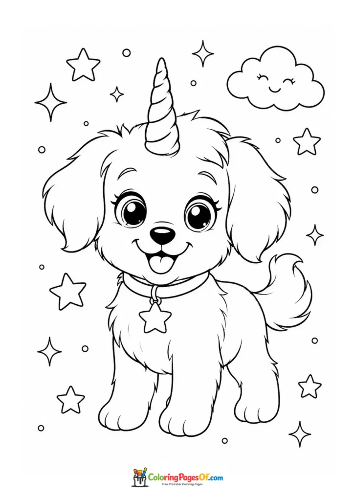 Unicorn fantasy puppy coloring page