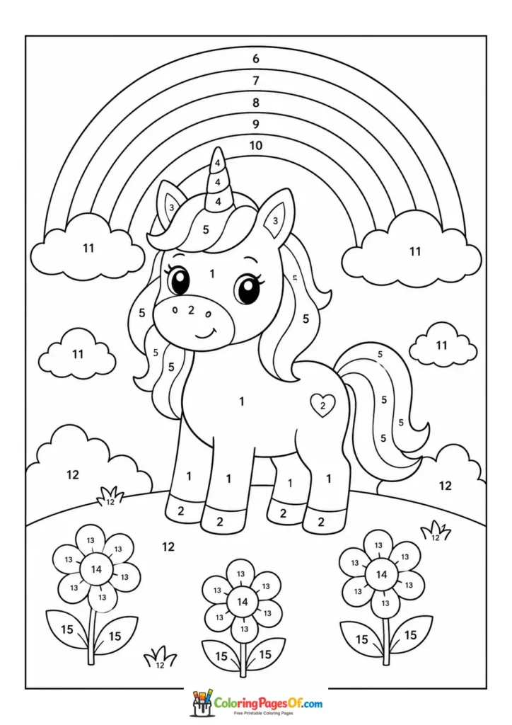 Unicorn Under Rainbow color by number coloring page