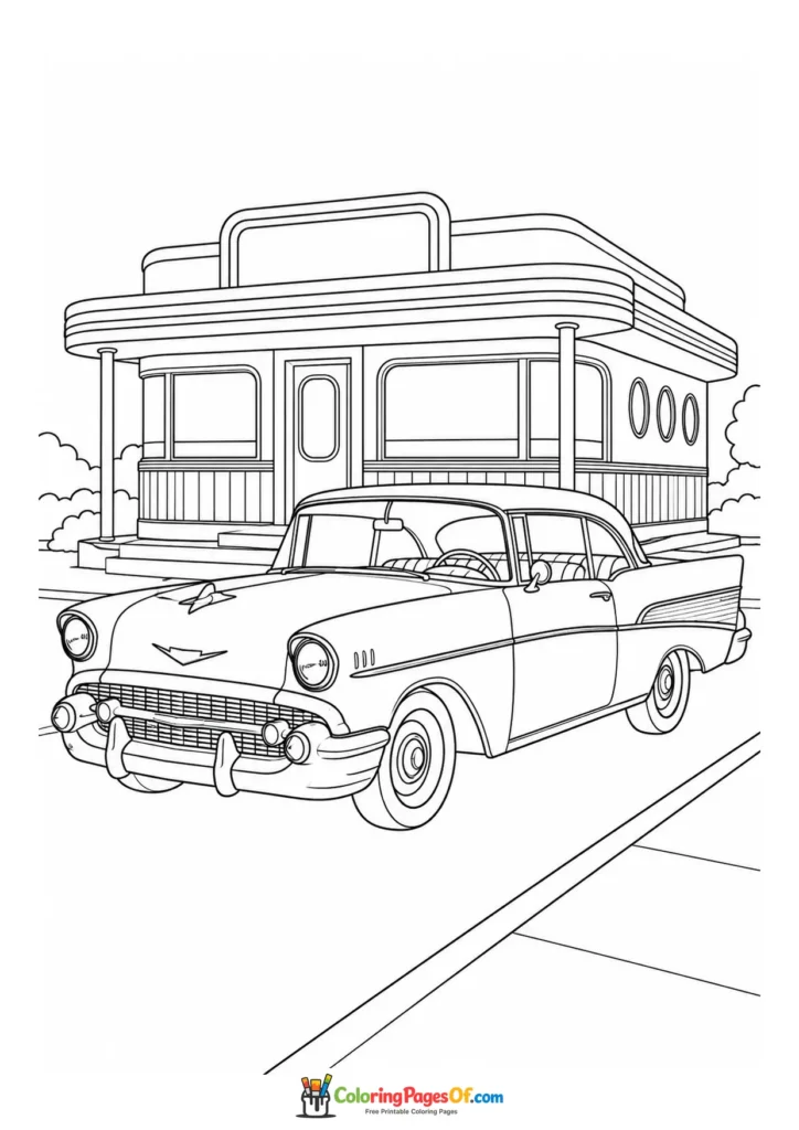 Printable vintage car parked at a diner coloring picture