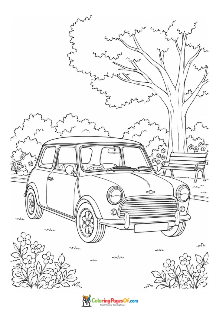 Vintage compact car in a flower garden coloring page