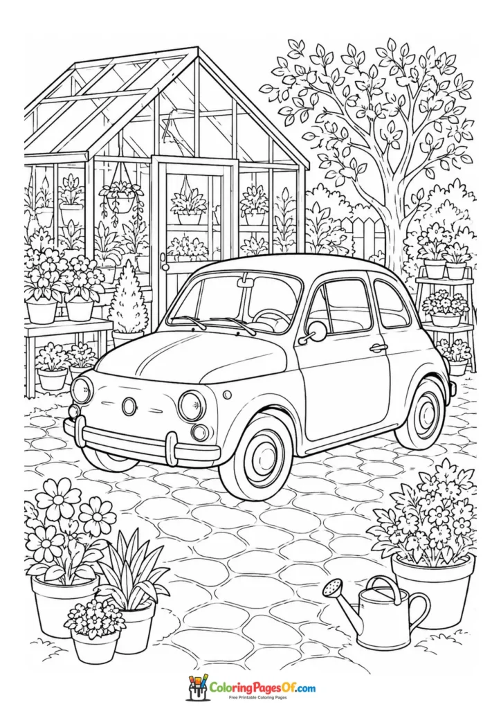 Vintage compact car in a garden courtyard printable coloring sheet