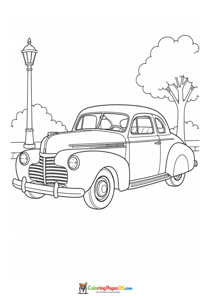 Vintage coupe on a quiet street coloring page