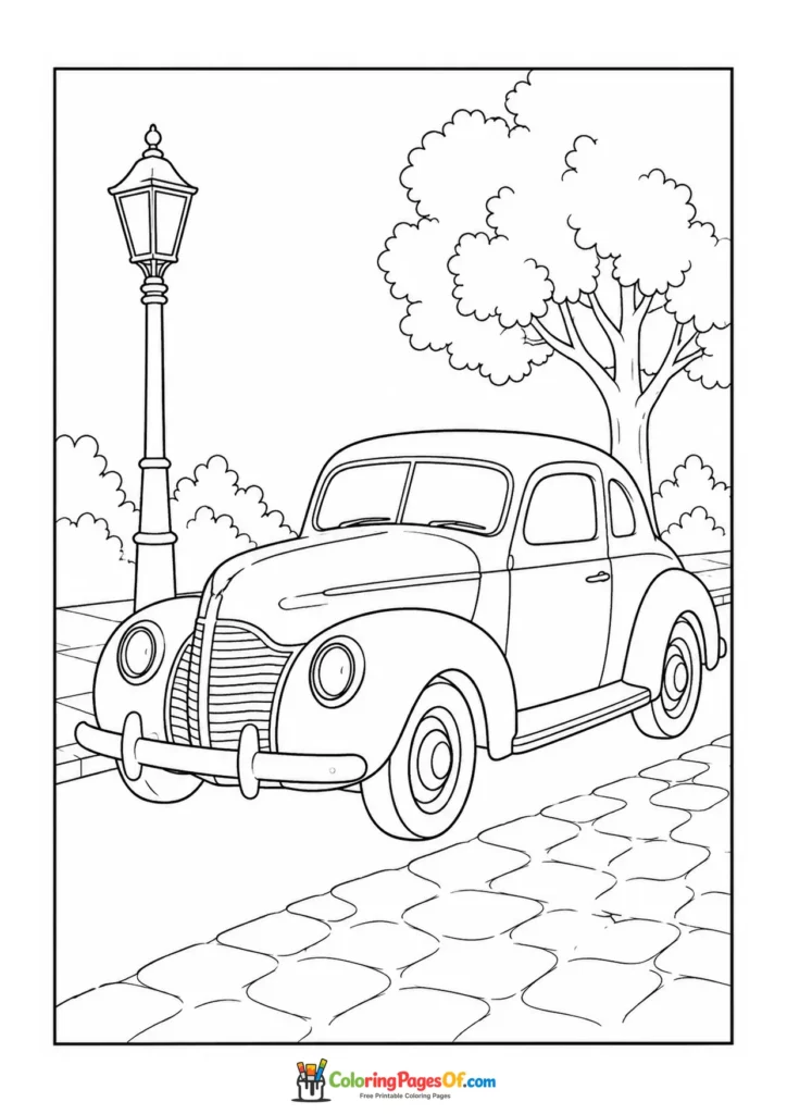 Vintage pickup on a quiet street printable coloring sheet