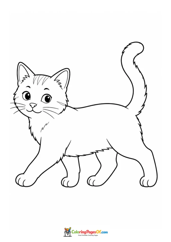 Walking cat with tail up – printable black and white coloring page