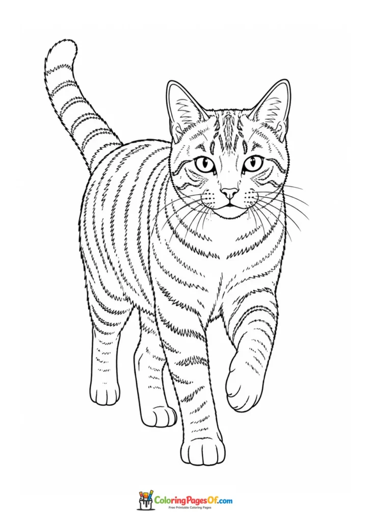 Walking tabby cat – printable black and white coloring page