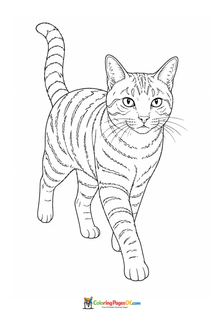 Walking tabby cat facing forward – printable black and white coloring page