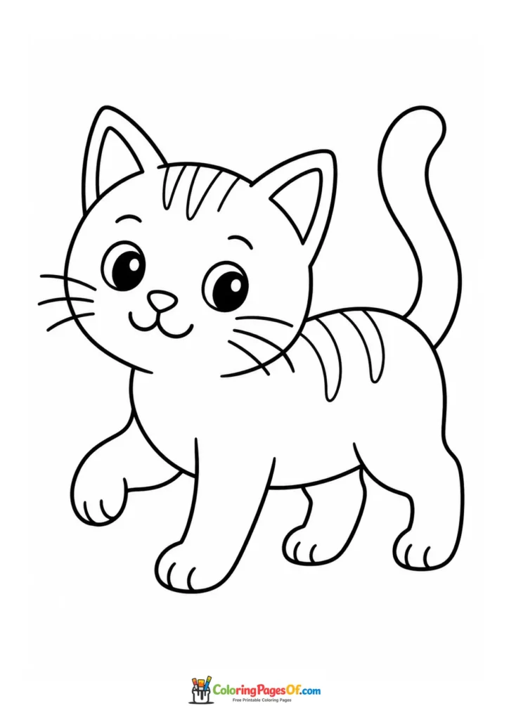Walking tabby kitten – printable black and white coloring page
