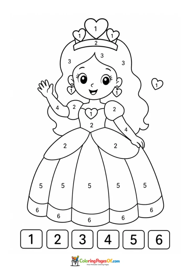 Waving princess in a ball gown color by number activity