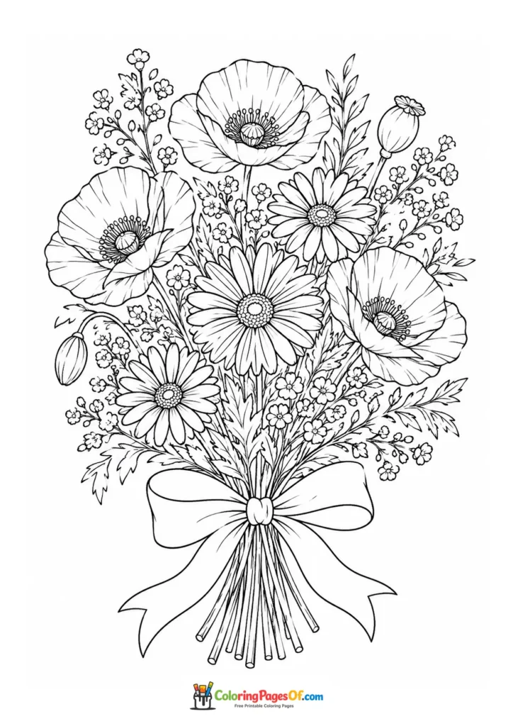 Tied bouquet of poppies, daisies and small wildflowers coloring page