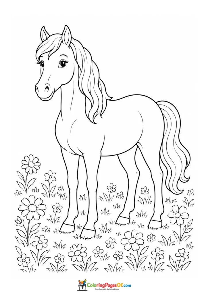 Young horse in a flower field coloring page