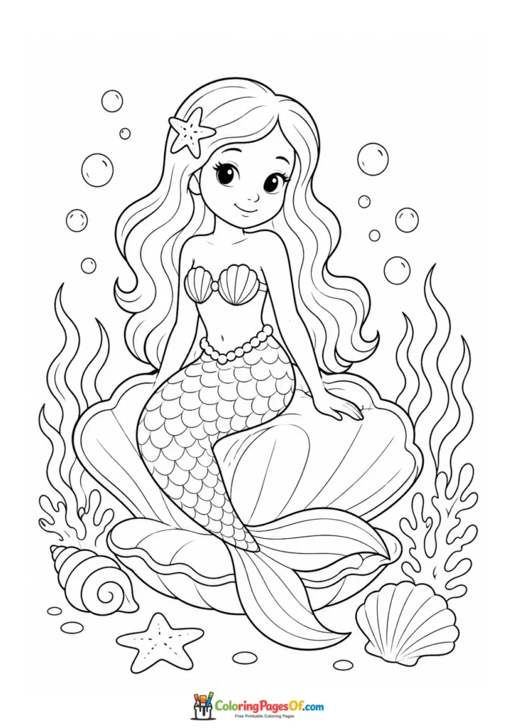 Young Mermaid Among Seaweed and Shells coloring page