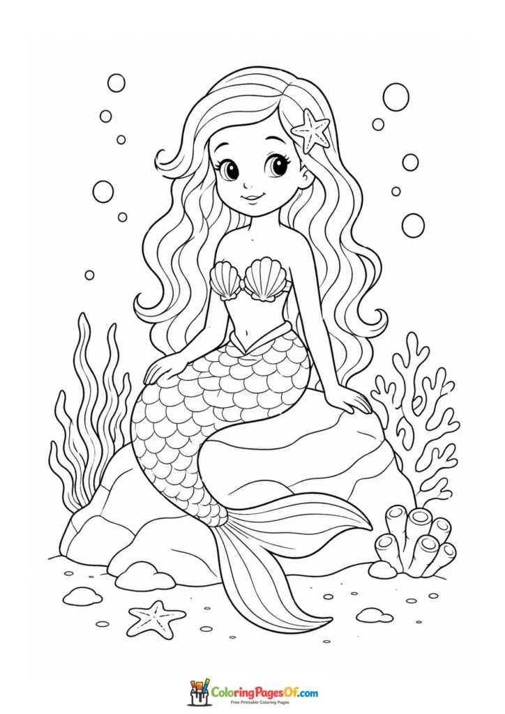 Young Mermaid Sitting in a Coral Garden coloring page