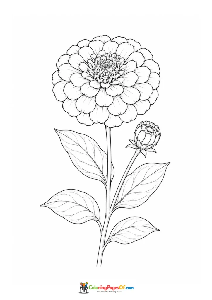 Large round zinnia flower with one bud and broad leaves coloring page