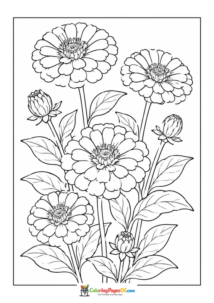 Group of large zinnia flowers with several buds coloring page