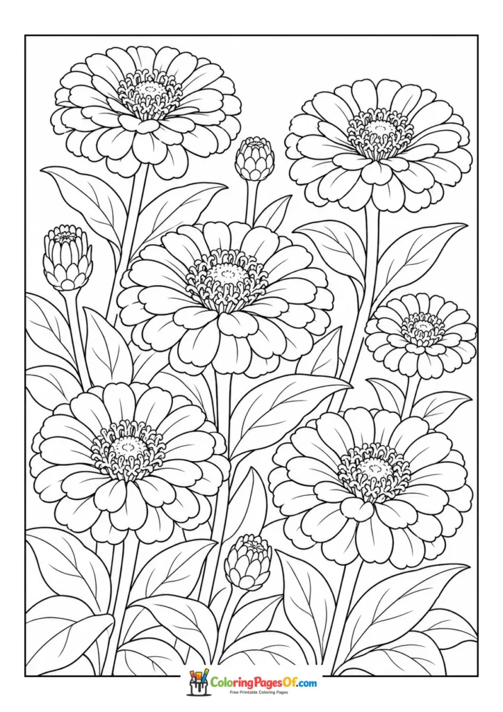 Tall zinnia flowers and buds growing together coloring page